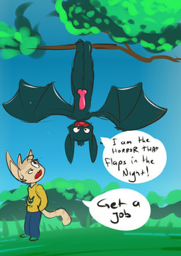 anthro balls bottomwear clothed clothing dialogue duo erection fully_clothed genitals in_tree knot male membrane_(anatomy) membranous_wings nude outside pants penis plant speech_bubble sweatshirt text tree upside_down wings ratcha bat mammal digital_media_(artwork) english_text hi_res sketch