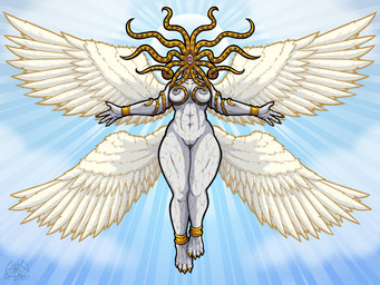 4_fingers 4_toes 4_wings abs ankle_cuffs arm_cuffs armband athletic blue_sky breasts collar cracks cuff_(restraint) eldritch feet female fingers floating flying genitals gold_(metal) grey_nipples halo light light_beam marble medium_breasts multi_eye multi_wing nipples penetration piercing restrained restrained_by_tentacles restraints sky solo spread_arms sunbeam sunlight tentacle_penetration tentacles thick_thighs toes toned_female vein vulva white_body white_wings wide_hips wings cthulhusdream angel biblically_accurate_angel eldritch_abomination eldritch_being eldritch_humanoid humanoid 4:3 hi_res