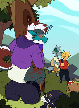 ageplay anthro backpack black_body black_fur blue_body blue_fur blush bottomwear bottomwear_around_ankles bottomwear_around_legs bottomwear_down brown_body brown_fur brown_hair clean_diaper clothed clothing clothing_around_legs crouching curled_tail diaper exposed_diaper fur fur_markings green_eyes grey_body grey_fur group hair hiding hiding_behind_tree infantilism male markings multicolored_body multicolored_fur multicolored_hair nervous outside pants pants_around_legs pants_down park partially_clothed plant purple_hood roleplay shrub tail teeth_showing tree wearing_diaper white_body white_fur white_hair yellow_body yellow_fur amomon canid canine canis domestic_cat felid feline felis mammal wolf hi_res