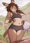 anthro bottomwear bra breasts brown_body brown_fur brown_hair bulge clothing fur garden gynomorph hair hotpants intersex open_mouth outside pouch_(anatomy) shorts small_breasts solo sports_bra underwear watering_can lizet tyroo_(character) kangaroo macropod mammal marsupial hi_res trans_(lore) trans_woman_(lore)