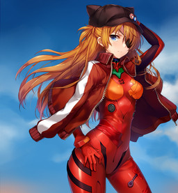 blue_eyes blue_sky bodysuit breasts clothing cloud eye_patch eyewear female hair hand_on_hip hat headgear headwear human_only jacket long_hair looking_at_viewer not_furry orange_hair outside skinsuit sky skyscape solo standing tight_clothing topwear wind zipper momoko neon_genesis_evangelion asuka_langley_soryu human mammal grandfathered_content