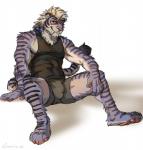 abs anthro athletic athletic_anthro athletic_male barefoot biped boxer_briefs bulge clothing fangs feet front_view looking_at_viewer male pawpads pecs plantigrade reclining sabertooth_(anatomy) shirt sitting solo spread_legs spreading tank_top teeth tight_clothing topwear underwear rossciaco orexo felid mammal pantherine tiger signature