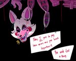 anthro dialogue exposed_endoskeleton female heterochromia lipstick looking_at_viewer machine makeup open_mouth open_smile red_cheeks simple_background smile solo speech_bubble talking_to_viewer text transparent_background white_body wire e-c98 five_nights_at_freddy's five_nights_at_freddy's_2 scottgames mangle_(fnaf) animatronic canid canine fox mammal robot 2018 alpha_channel english_text