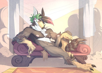 anthro anthrofied beak brown_body brown_feathers chest_tuft claws column erection feathers food foreskin fruit furniture genitals grape hair humanoid_genitalia humanoid_penis male muscular muscular_anthro muscular_male nude partially_retracted_foreskin penis plant pokemorph presenting presenting_penis reclining red_eyes smile sofa solo tail tail_feathers toe_claws tuft no_swift nintendo pokemon anthor avian bird generation_4_pokemon pokemon_(species) staraptor hi_res