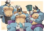 anthro apron apron_only australian_cattle_dog bandit_heeler black_body black_fur blue_body blue_fur bluey_(series) blush briefs bulge canid canine canis cattledog chef_hat clothing convenient_censorship crown domestic_dog duo edamame equid equine facial_hair flexing food french_text fruit fur h155296 hat headgear headwear herding_dog horn legume male mammal multiple_poses muscular muscular_male mustache mythological_creature mythological_equine mythology necktie nipples nude pastoral_dog pecs plant pose pubes puppet purple_briefs purple_clothing purple_underwear rake simple_background sitting smile soybean text tools underwear unicorn unicorse yellow_body yellow_eyes yellow_fur