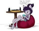 anthro bean_bag beverage bottomwear breasts clothing coffee dialogue electronics eyelashes feet female fur grey_body grey_fur hair highlights_(coloring) multicolored_hair musical_note musical_symbol phone purple_eyes purple_hair purple_highlights record_player shirt shorts simple_background sitting solo speaker symbol tank_top text toes tongue topwear white_background sandwich-anomaly becca_(sandwich-anomaly) canid canine fox mammal 2019 digital_media_(artwork) english_text hi_res