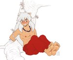 5_toes barefoot blush bottomwear bound claws clothed clothing feet hair humanoid_feet jewelry male necklace nipples pants plantigrade red_bottomwear red_clothing red_pants simple_background soles solo toe_claws toes topless white_hair 3rdharleyjoe inuyasha inuyasha_(inuyasha) animal_humanoid humanoid signature