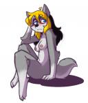 anthro arm_tuft biped black_hair blonde_hair blue_eyes blush breasts elbow_tuft eyewear feet female female_anthro fur glasses grey_body grey_fur hair hand_in_hair hindpaw leg_tuft looking_aside looking_away nipples nude paws simple_background sitting solo touching_hair tuft white_background mewgle averil_(mewgle) liz_(mewgle) canid canine canis mammal wolf digital_media_(artwork) shaded