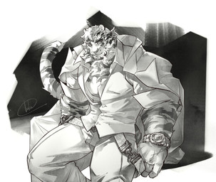 anthro biped bottomwear clock clothed clothing facial_scar male muscular muscular_anthro muscular_male pants scar solo watch wristwatch chibavu1401 arknights hypergryph studio_montagne mountain_(arknights) felid mammal pantherine tiger hi_res signature