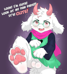 4_toes angry animal_genitalia anthro balls blush clothed clothing eyewear feet foot_focus fur genitals glasses hair horn looking_at_viewer male open_mouth pawpads scarf sheath simple_background solo tail text toes white_body white_fur whyvern deltarune undertale_(series) ralsei bovid caprine goat mammal absurd_res digital_media_(artwork) hi_res