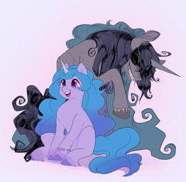 black_eyes blue_hair bodily_fluids bracelet duo fangs female feral hair hooves horn jewelry pink_body saliva sharp_teeth sitting teeth white_body aztrial hasbro mlp_g5 my_little_pony mythology izzy_moonbow_(mlp) equid equine mammal mythological_creature mythological_equine skinwalker unicorn hi_res