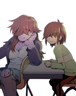 anthro bottomwear brown_hair clothed clothing denim denim_bottomwear denim_clothing desk duo female furniture hair jeans male pants purple_body school_desk simple_background table torn_clothing white_background komarukoune deltarune undertale_(series) kris_dreemurr susie_(deltarune) human mammal reptile scalie 2018 absurd_res hi_res