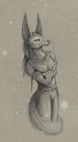 anthro biped clothed clothing crossed_arms dagger jewelry male melee_weapon necklace solo standing weapon kredri canid canine canis jackal mammal monochrome