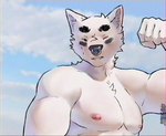 anthro big_nose eye_black eyebrows facial_piercing flexing fur male muscular muscular_male nipples nose_piercing piercing septum_piercing solo thick_eyebrows white_body white_fur lb3 dawson_(lb3) canid canine mammal digital_media_(artwork) digital_painting_(artwork) hi_res