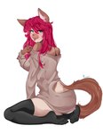 anthro blush bottomwear breasts clothed clothing feet female footwear fur hair legwear looking_at_viewer red_hair simple_background smile socks solo squish sweater thigh_highs thigh_squish tongue tongue_out topwear white_background kurosuwi abigail_(viridiansun) domestic_cat felid feline felis mammal absurd_res digital_media_(artwork) hi_res shaded