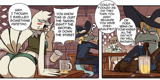alcohol anthro beer beverage big_butt blue_body blue_scales bottomwear butt clothing dialogue duo feathers female hat headgear headwear huge_butt male scales shorts speech_bubble tavern text thick_thighs white_body white_feathers wide_hips wizard_hat ghioel mythology brooke_(simplifypm) pseftis_savra avian dragon mythological_creature mythological_scalie scalie comic english_text hi_res
