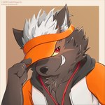 anthro black_nose bottomless brown_body brown_fur clothed clothing fur grin grinning_at_viewer hair hat headgear headwear jacket jacket_only male red_eyes smile solo topwear topwear_only white_hair littlehyper lifewonders tokyo_afterschool_summoners tadatomo_(tas) canid canine canis domestic_dog mammal absurd_res hi_res