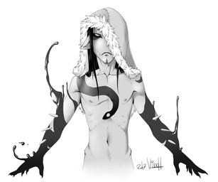 blood bodily_fluids humanoid_pointy_ears looking_at_viewer male navel not_furry pointy_ears simple_background solo white_background viddharta-joshua olgoi_khorkhoi humanoid orc 2017 greyscale monochrome signature