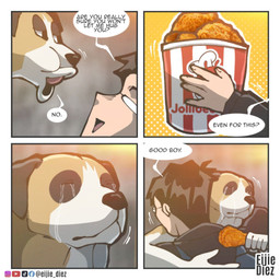 4_panel_comic ambiguous_gender anthro black_hair bodily_fluids chicken_meat clothing duo emanata eyes_closed eyewear feral food fried_chicken glasses hair holding_food holding_object hoodie hug hugging_another looking_at_another male meat narrowed_eyes open_mouth photo short_hair snout speech_bubble tears text topwear wearing_glasses eijie_nutz bugs_bunny_no dog_closing_eyes_in_sunset jollibee ambiguous_species canid canine canis domestic_dog human mammal comic digital_drawing_(artwork) digital_media_(artwork) english_text hi_res meme