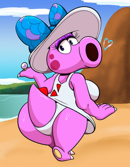 accessory anthro big_butt blue_bow bow_(feature) breasts butt butt_pose claws clothed clothing dress eyelashes eyeshadow feet female freckles glistening hair_accessory hat headgear headwear heart_symbol looking_at_viewer makeup pink_body pose ribbons ring siphon_(anatomy) solo sundress tail tailbutt thick_thighs toe_claws white_clothing white_dress white_hat white_headwear wide_hips someth1ngoranother mario_bros mario_kart mario_kart_world nintendo birdo_(character) birdo scalie hi_res trans_(lore) trans_woman_(lore)