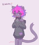 ambiguous_fluids anthro arms_bent black_clothing black_hoodie black_topwear blush clothing collar cute_fangs dialogue duo fangs female fur grey_body grey_fur hair heart_after_text heart_symbol hoodie looking_at_viewer messy_hair micro_in_clothes micro_in_pocket open_mouth pockets purple_eyes purple_hair short_hair simple_background smile solo_focus teeth text text_with_heart topwear white_background year ultrabondagefairy ultra_(ultrabondagefairy) domestic_cat felid feline felis mammal 2021 absurd_res dated english_text hi_res signature