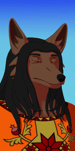 anthro black_hair blinking blue_background bodysuit brown_body brown_fur clothing ears_up eyebrows floral_pattern fur gradient_background hair harem harem_outfit long_hair looking_at_viewer looking_forward male orange_clothing orange_eyes outside simple_background skinsuit sky solo thinking tight_clothing mitokep zanaa_(mitokep) canid canine canis jackal mammal 1:2 2026 3d_(artwork) 3d_animation animated blender_(artwork) bust_portrait cel_shading digital_media_(artwork) no_sound portrait shaded short_playtime simple_shading video