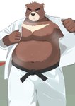 anthro bodily_fluids bottomwear brown_body clothing humanoid_hands keikogi kemono male martial_arts_uniform moobs musk nipples overweight overweight_male pants solo sportswear sweat 9dtq0 morenatsu juuichi_mikazuki bear mammal 2023 absurd_res hi_res