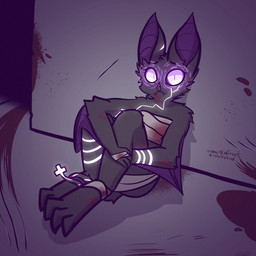 anthro bandage bandaged_arm bandaged_chest bandaged_leg big_ears blood bodily_fluids bodypaint dark female glowing glowing_eyes grey_body looking_at_viewer pink_eyes pink_wings purple_line_art solo tail text vignette wings wounded defreak bat mammal 1:1 absurd_res colored_line_art hi_res url