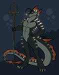 anglerfish anthro bioluminescence daxlmonitor digital_media_(artwork) digitigrade fish full-length_portrait glowing hi_res long_tail lure_(anatomy) male marine melee_weapon membrane_(anatomy) muscular polearm portrait snaggle_tooth solo tail trident weapon