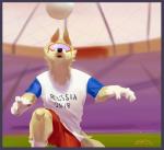 anthro ball clothed clothing male mascot russia russian shirt soccer soccer_ball solo sport text text_on_clothing text_on_shirt text_on_topwear topwear world_cup luoluokun517 toothlessfan fifa zabivaka canid canine canis mammal wolf digital_media_(artwork) shaded