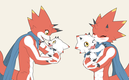 anthro blush claws duo evolutionary_family hug kerchief kissing_cheek male male/male neckerchief neckwear red_body scarf size_difference smile white_body yellow_eyes tmdduq6918 bandai_namco digimon betelgammamon digimon_(species) gammamon hi_res brother_(lore) brothers_(lore) sibling_(lore)