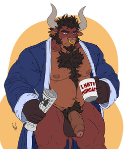 anthro balls beard beverage black_hair body_hair chest_hair clothing coffee coffee_mug ear_piercing facial_hair facial_piercing foreskin genitals grumpy hair hairy horn male muscular muscular_anthro muscular_male muscular_thighs newspaper nose_piercing nude pecs penis piercing robe simple_background solo hunterramirez bovid bovine cattle mammal hi_res