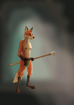 anthro belt bottomwear cave clothing hunter male melee_weapon pants polearm solo spear standing weapon vgerfox canid canine fox mammal hi_res