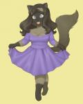 anthro blue_clothing blue_dress blue_eyes breasts brown_body brown_fur brown_hair cleavage clothed clothing colored_nails curtsey dress female fur grey_body grey_fur hair nails red_nails simple_background smile solo yellow_background badcactus domestic_cat felid feline felis mammal siamese 4:5 letterbox