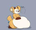 abdominal_bulge anthro belly belly_grab big_belly bloated blush blush_lines breath female horn huge_belly hyper hyper_belly kneeling mouthless obese overweight plushie plushie_tag sigh sighing small_tail solo stitch_(sewing) tail thick_thighs conditional_dnp verdantphysician daisy_(verdantphysician) animate_inanimate living_plushie monster hi_res