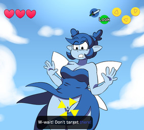black_eyes blue_body blue_clothing blue_dress blue_hair blue_vulva breasts cleavage clothed clothing cloud dialogue dress eyelashes female front_view genitals hair humanoid_pointy_ears insect_wings no_underwear pointy_ears short_hair sky solo text text_box thick_thighs upskirt user_interface vulva wide_hips wings starioforreal nintendo ocarina_of_time the_legend_of_zelda navi fairy humanoid winged_humanoid absurd_res hi_res