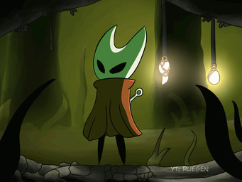 2_horns ambiguous_gender biped black_body black_eyes black_legs cloak clothed clothing glowing horn melee_weapon multicolored_body on_ground plant red_cloak red_clothing solo standing text weapon weapon_on_back white_head rueqen hollow_knight:_silksong hollow_knight_(franchise) team_cherry hornet_(hollow_knight) arthropod 2025 2d_animation 4:3 animated artist_name english_text frame_by_frame loop short_playtime