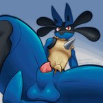 animal_genitalia anthro balls black_legs blue_balls blue_body blue_fur blush blush_lines feelers flustered frown fur genitals half-erect looking_at_viewer looking_surprised male penis presenting presenting_balls presenting_penis red_eyes sheath sitting solo spikes spikes_(anatomy) spread_legs spreading tail tan_body tan_fur lewdaesthetics nintendo pokemon canid canine generation_4_pokemon lucario mammal pokemon_(species) 1:1 absurd_res hi_res