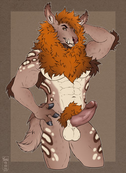 abs anthro arm_tuft armpit_hair balls body_hair erection facial_hair genitals glans goatee hand_behind_head humanoid_genitalia humanoid_penis looking_at_viewer male male_anthro mane muscular muscular_anthro muscular_male nude nude_anthro nude_male pecs penis pubes simple_background smile solo tail teeth tuft tanutanuki deer hybrid mammal suid suine sus_(pig) wild_boar 2025 hi_res