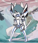 anthro blue_hair clothed clothing cosplay duo female fur grey_body grey_fur hair holding_melee_weapon holding_object holding_sword holding_weapon melee_weapon sword weapon hatsumiilkshake kill_la_kill studio_trigger junketsu satsuki_kiryuin tera_(hatsumiilkshake) canid canine canis kamui_(kill_la_kill) mammal wolf 2023