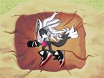 anthro black_body black_fur clothing crater crush defeated footwear fur impact_crater male mask outside phantom_ruby shoes solo white_body white_fur techycutie death_battle sega sonic_forces sonic_the_hedgehog_(series) yamcha_death_pose infinite_(sonic) canid canine canis jackal mammal 4:3