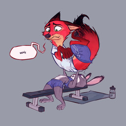 anthro athletic_wear bench_press black_nose bottle bottomwear cheek_tuft claws clothed clothing container dipstick_ears dipstick_tail duo ear_markings exercise facial_tuft female fully_clothed fur green_eyes grey_background grey_body grey_fur gym_bottomwear gym_shorts lifting male markings midriff multicolored_ears multicolored_tail neck_tuft pawpads purple_eyes red_body red_fur shirt shorts simple_background t-shirt tail tail_markings toe_claws topwear tuft water_bottle whining samur_shalem disney zootopia judy_hopps nick_wilde canid canine fox lagomorph leporid mammal rabbit red_fox true_fox 1:1 2020