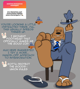 anthro bottomwear clothed clothing duo feet flip_flops foot_focus footwear hat headgear headwear male male/male sandals shoes simple_background smile suit teeth text toes topwear mrpawpaw ngl sam_and_max max_(sam_and_max) samuel_dog absurd_res digital_media_(artwork) english_text hi_res