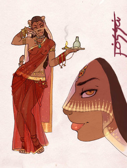 anthro breasts casual_exposure clothed clothing ear_piercing facial_piercing female harem harem_outfit humanoid_face nose_piercing piercing solo tattoo topless wide_hips fossa_(artist) euplerid fossa mammal