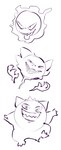 ambiguous_gender clenched_teeth fingers group looking_at_viewer open_mouth open_smile sharp_teeth simple_background smile teeth tongue trio white_background white_sclera flavia-elric nintendo pokemon gastly generation_1_pokemon gengar ghost haunter pokemon_(species) spirit 2020 hi_res sketch