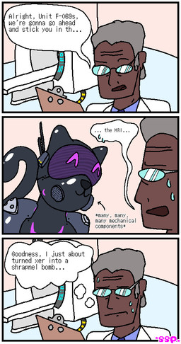 ambiguous_gender antenna_wire anthro black_body black_clothing black_skin black_skinsuit bodily_fluids clipboard clothed clothing cybernetics dialogue directional_arrow doctor doctor's_office drone duo eyewear filter gas_mask glasses grey_hair hair hospital inner_monologue latex latex_clothing latex_skinsuit machine male mask medical_instrument mri_scanner necktie rebreather scientific_instrument skinsuit speech_bubble sweat sweatdrop thinking thought_bubble tight_clothing visor visor_eyes stellastarprincess dr._yiphman cyborg felid feline human mammal