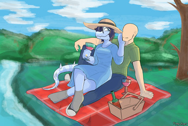 alcohol anthro bald basket beverage biped blue_clothing blue_dress bottomwear breasts clothed clothed_anthro clothed_female clothed_human clothed_male clothing cloud container cup denim denim_bottomwear denim_clothing dress drinking_glass duo female fingers footwear glass glass_container glass_cup grass green_clothing green_shirt green_topwear hair hand_on_face happy hat headgear headwear human_on_anthro humanoid_hands interspecies jeans long_tail looking_at_another male male/female markings medium_breasts non-mammal_breasts on_lap outside pants picnic picnic_basket picnic_blanket plant plantigrade purple_hair romantic romantic_couple shirt shoes short_hair sky smile socks spiked_tail spikes spikes_(anatomy) spots spotted_markings sun_hat tail text topwear tree water wine wine_bottle wine_glass tippydown cavemanon_studios snoot_game anon_(snoot_game) nova_(snoot_game) baryonyx dinosaur human mammal prehistoric_species reptile scalie spinosaurid theropod absurd_res artist_name colored digital_media_(artwork) digital_painting_(artwork) hi_res painting_(artwork)