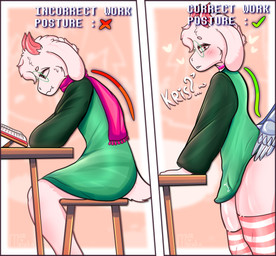 anthro armor blush book bottomless bulge chair choker clothed clothing dress duo erection erection_under_clothing eyebrows femboy fluffy fluffy_ears fluffy_fur fluffy_hair fluffy_tail fur furniture gauntlets gloves green_clothing green_dress hair handwear heart_eyes heart_symbol highlights_(coloring) horn jewelry leaning leaning_on_table legwear looking_back male male/male multicolored_clothing neck_tuft necklace on_chair open_mouth pattern_clothing pattern_legwear pattern_stockings pink_eyes pink_horn question_mark reading reading_book scarf sex sitting sitting_on_chair solo standing standing_sex stockings striped_clothing striped_legwear striped_stockings stripes table tail text thick_eyebrows tuft two_tone_clothing white_body white_fur white_hair mur_mryaka deltarune undertale_(series) kris_dreemurr ralsei bovid caprine goat human mammal 2026 digital_media_(artwork) english_text hi_res meme shaded signature