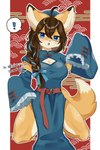 abstract_background accessory anthro armwear asian_clothing belt big_breasts big_ears blue_clothing blue_eyes blue_ribbon blush braided_hair breasts brown_hair cheek_tuft chinese_clothing chinese_dress cleavage cleavage_cutout clothed clothing clothing_bow countershading cutout detached_sleeves dress east_asian_clothing facial_tuft female fluffy fluffy_tail frilly frilly_clothing fur hair hair_accessory hair_ribbon hat headgear headwear inner_ear_fluff kemono kneeling looking_at_viewer open_mouth ribbon_in_braid ribbons sleeves_past_fingers solo speech_bubble spoken_exclamation_mark tail tan_body tan_fur text thick_thighs tuft white_body white_fur 115meg yoterisa canid canine fox mammal red_fox true_fox absurd_res artist_name commissioner_name hi_res