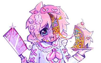 accessory alternative_fashion ambiguous_gender band-aid bandage blindfold blood bodily_fluids brain candy_gore cherry clothing creepy_cute decora_(fashion) eyemask eyewear fangs fat_tissue feathered_wings feathers food fruit gore gurokawa hair hair_accessory hairclip holding_object j-fashion kemono knife mask organs pink_body pink_hair plant plate rainbow_brain self-harm shirt sleep_mask solo sweat teeth topwear wings alunka angel animal_humanoid humanoid